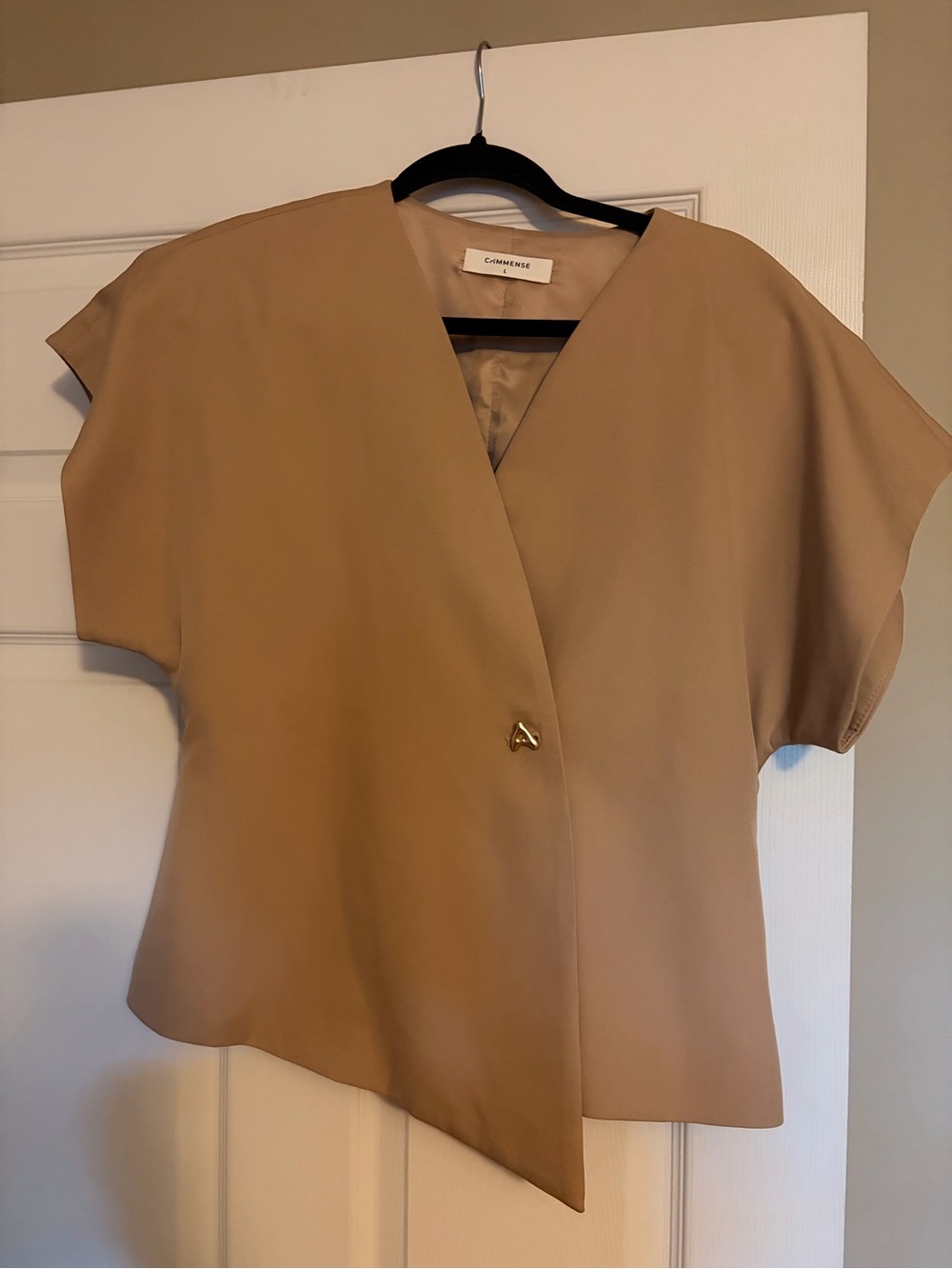 Commense Taupe Asymmetric Wrap Blouse with Gold Accent
